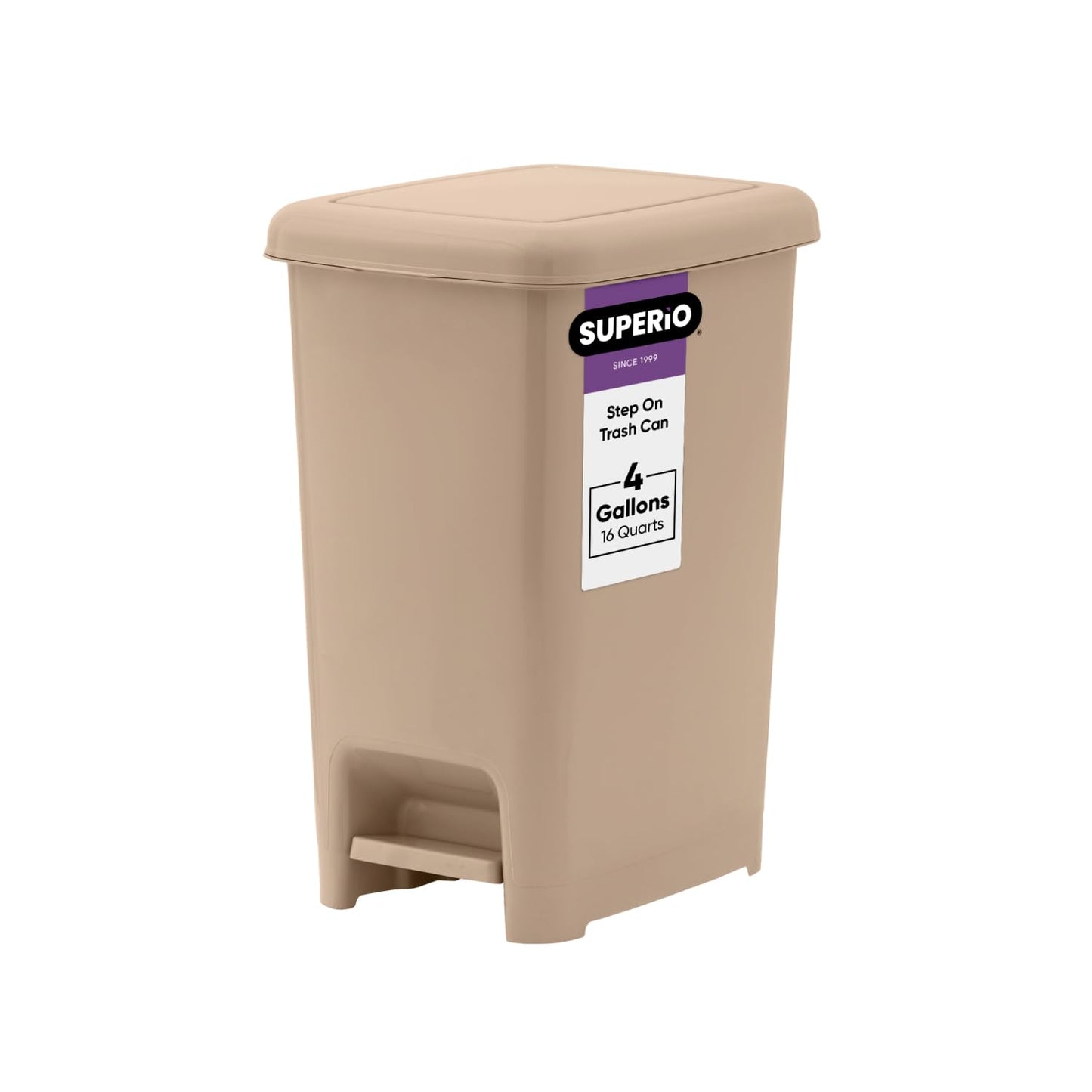 Superio Slim Step On Trash Can, Beige Waste Bin with Foot Pedal Lid 26 Liter, Kitchen, Under Desk, Office, Bedroom, Bathroom (1, 4 Gallon)