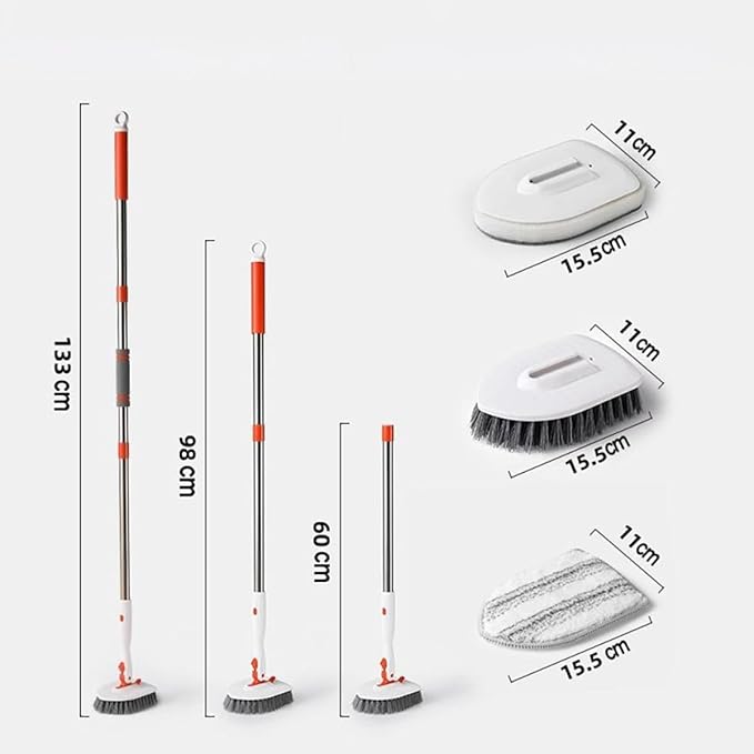 Shower Floor Scrubber Brush Set with 3-Section Handle, Stiff Bristle Tile Corner Brush, Fiber Cloth with Base Scrubbing Pad for Bathroom Tile and Grout Cleaning