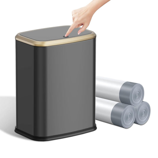 2.1 Gallon Bathroom Trash Can with Lid Press Top, 8 Liter Stainless Steel Garbage Can with Press Type Lid, Slim Trash Bin Waste Basket for Toilet, Office, Bedroom (Titanium Black)