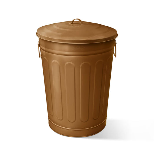 Plexon Round Trash Can 13 Gallon, Vintage Metal Outdoor Trash Can with Lid, Retro Farmhouse Garbage Container, Old School Modern Ash Bucket, Copper