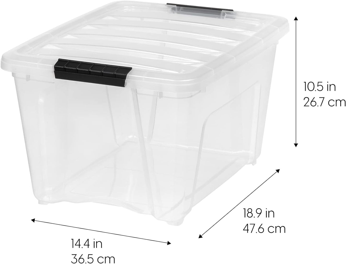 IRIS USA 32 Qt Stackable Plastic Storage Bins with Lids, 4 Pack - BPA-Free, Made in USA - See-Through Organizing Solution, Latches, Durable Nestable Containers, Secure Pull Handle - Clear