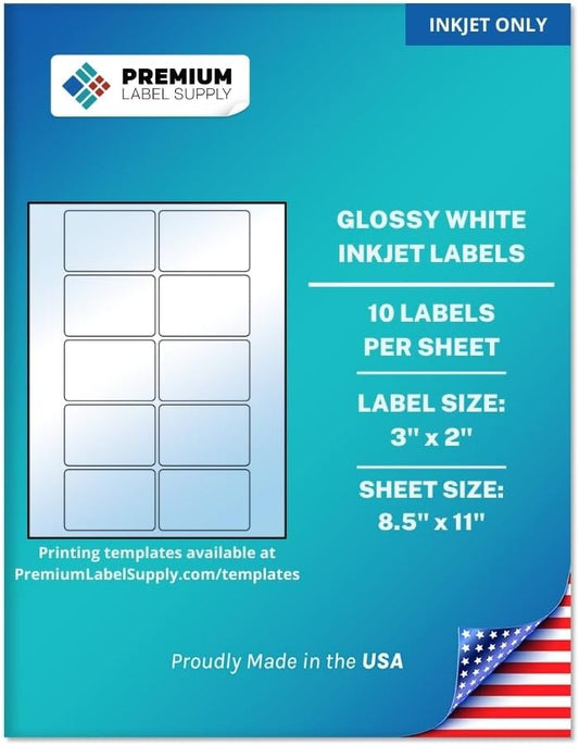 Premium Label Supply Glossy White Sticker Labels – 3" x 2" – (10 per Sheet) (Glossy White for Inkjet Only, 1,000 Labels)