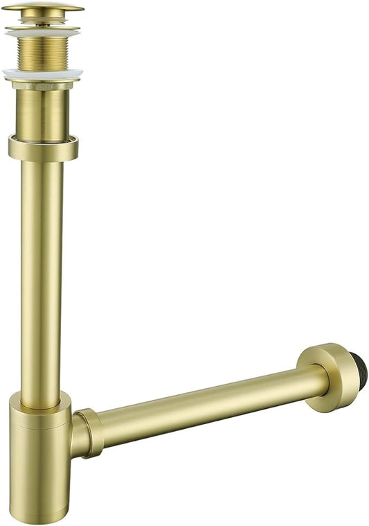 Brass Round Bottle P-Trap with Pop Up Drain Stopper,1 1/4 Adjustable Basin Sink Waste Drain Trap Kit Without Overflow,Brushed Gold P Trap