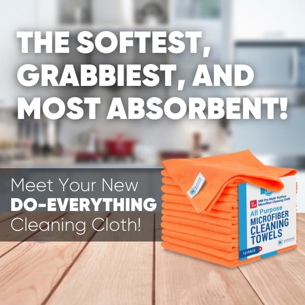 MW Pro Microfiber Cleaning Cloth | Orange | 12 Pack | 16” x 16” | All Purpose Microfiber Towels - Clean, Dust, Polish, Scrub, Absorbent