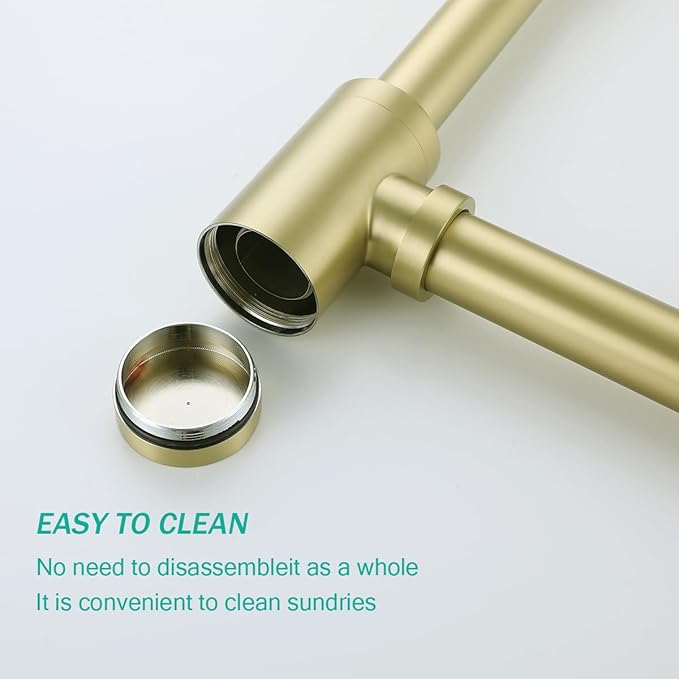 Brass Round Bottle P-Trap with Pop Up Drain Stopper,1 1/4 Adjustable Basin Sink Waste Drain Trap Kit Without Overflow,Brushed Gold P Trap