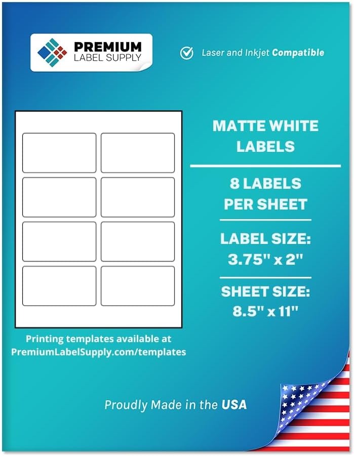 Premium Label Supply White Sticker Mailing Labels – 3.75" x 2" – Laser/Inkjet Compatible – (8 per Sheet), 500 Sheets – 4000 Total Adhesive Labels