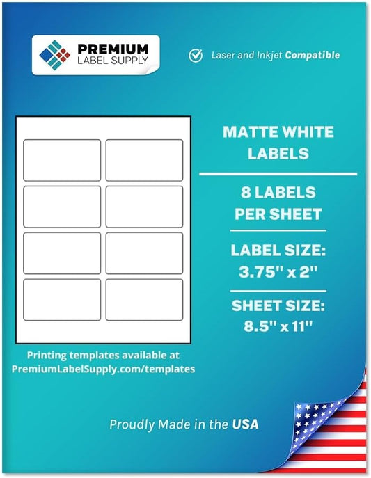 Premium Label Supply White Sticker Mailing Labels – 3.75" x 2" – Laser/Inkjet Compatible – (8 per Sheet), 2000 Sheets – 16,000 Total Adhesive Labels