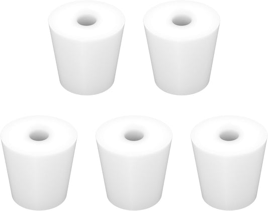 Labasics 5-Pack 5# Single-Hole Silicone Stoppers, White Tapered Lab Seal Stoppers with 0.31" Hole, Durable and Reusable Silicone Plugs for Laboratory Glassware, Airtight Sealing, and Experiments