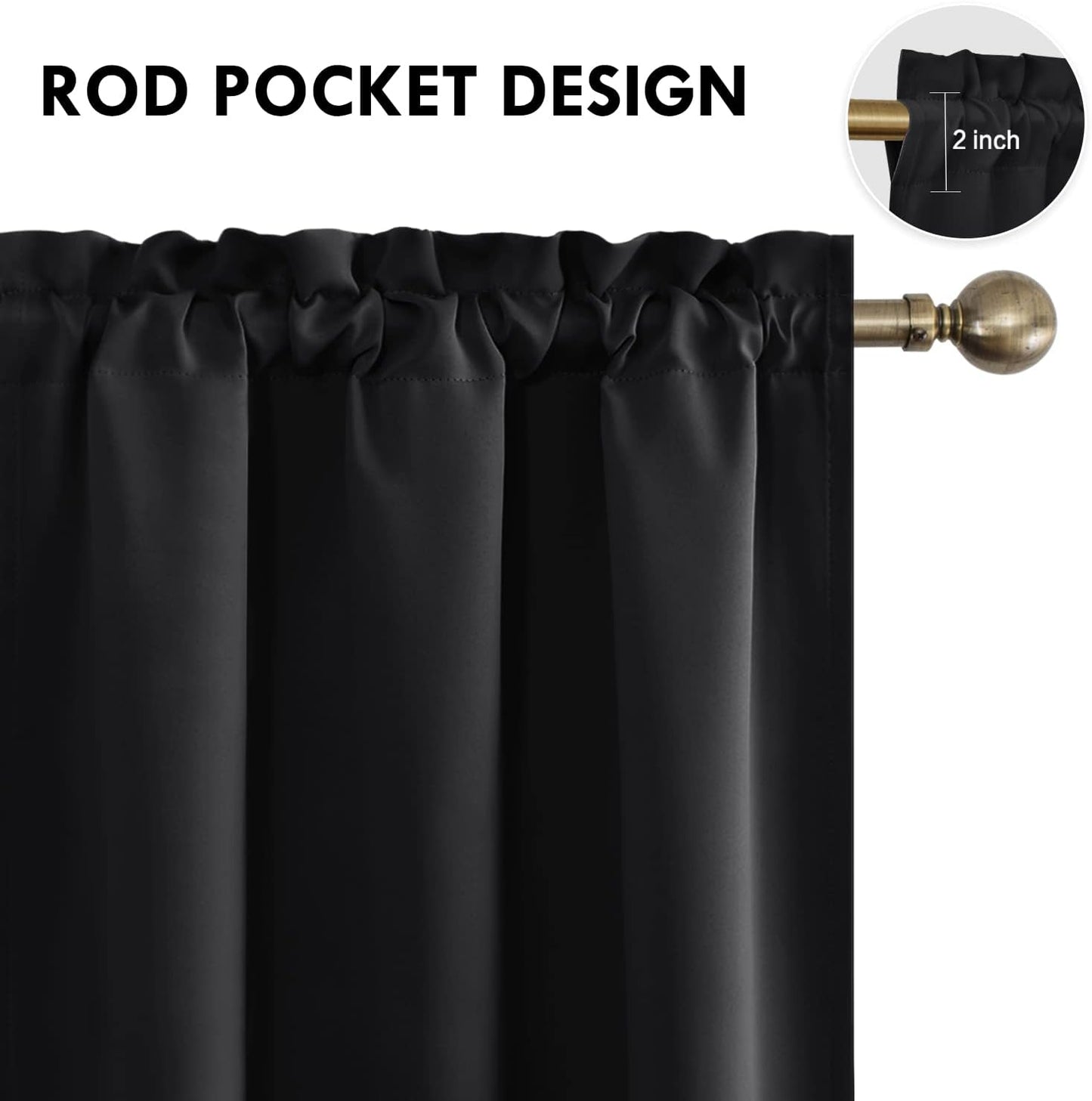 DWCN Blackout Curtains Thermal Insulated Energy Saving Bedroom and Kitchen Curtains Window Treatments, W 38 x L 45 Inch, Set of 2 Black Rod Pocket Drapes