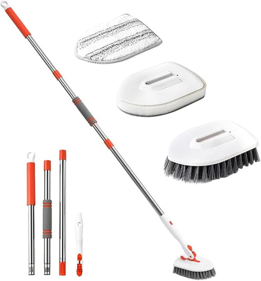 Shower Floor Scrubber Brush Set with 3-Section Handle, Stiff Bristle Tile Corner Brush, Fiber Cloth with Base Scrubbing Pad for Bathroom Tile and Grout Cleaning