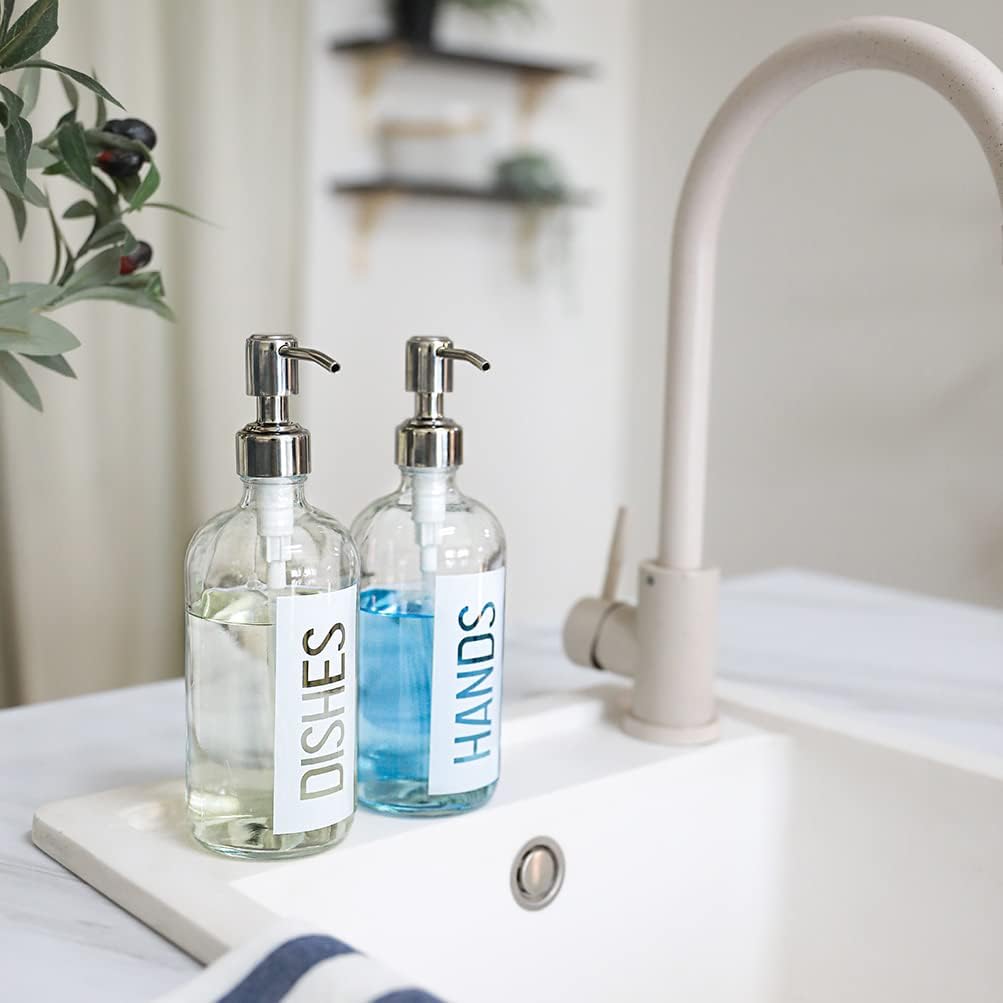 JASAI 2Pack 18OZ Glass Soap Dispenser with Rustproof 304 Stainless Steel Pump, Kitchen Soap Dispenser for Hands & Dishes (White)