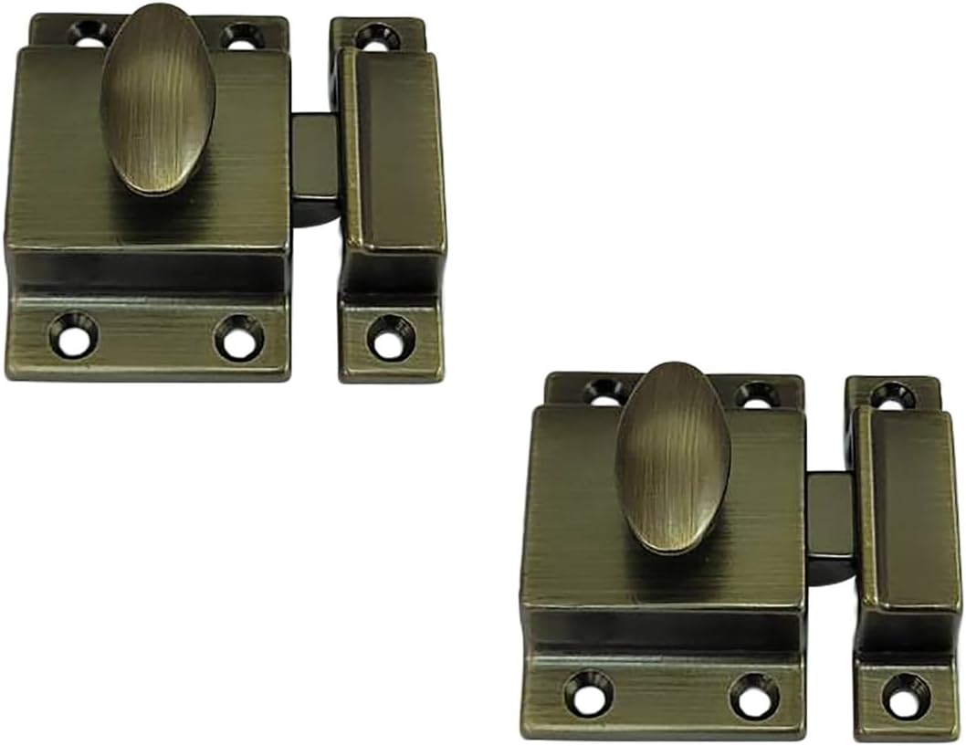 QCAA Traditional Large Oval Turn Cabinet Latch, Solid Brass, 2", for Cupboard & Other Furniture, Brushed Antique Brass, 2 Pack, Made in Taiwan