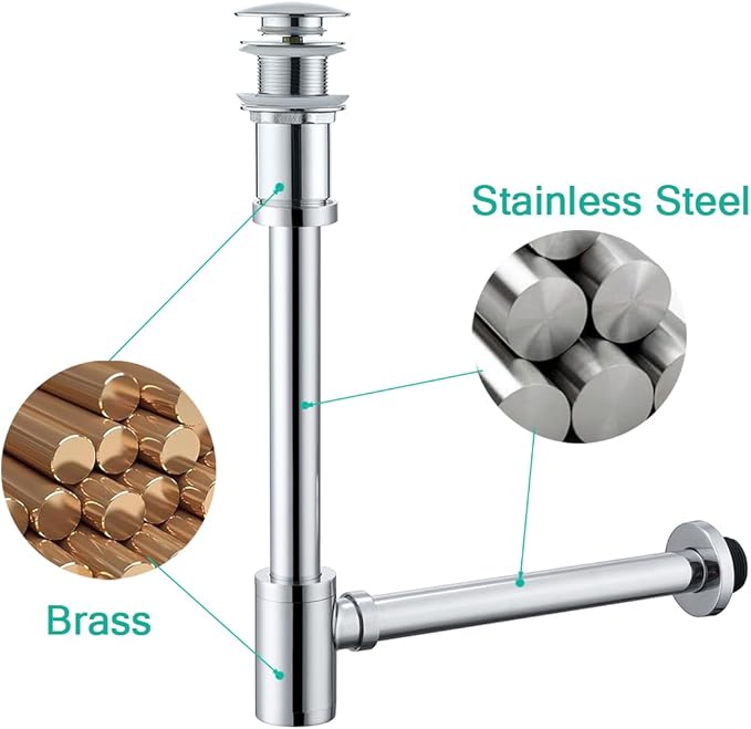 Brass Round Bottle P-Trap with Pop Up Drain Stopper,1 1/4 Adjustable Basin Sink Waste Drain Trap Kit without Overflow, Chrome P Trap
