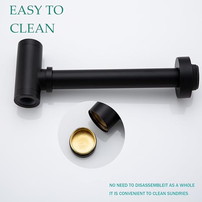 Brass Round Bottle P-Trap with Pop Up Drain Stopper with Overflow,1 1/4 Adjustable Basin Sink Waste Drain Trap Kit,Matte Black P Trap