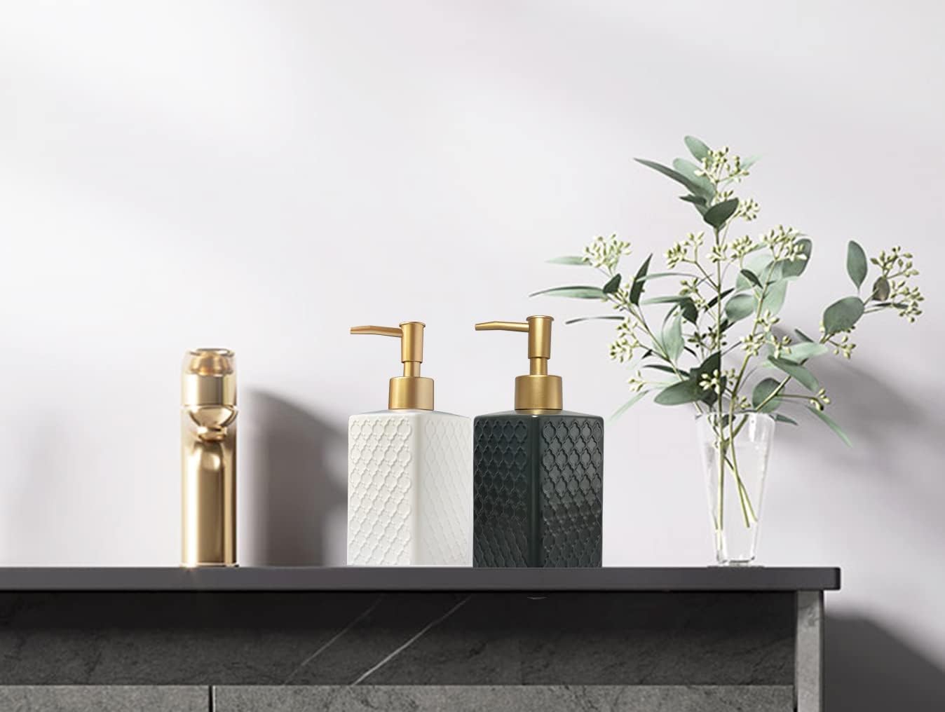 Gold Soap Dispenser for Bathroom,Retro White Square Lotion Dispenser, Refillable Countertop Ceramic Hand Soap Dispenser,Dish Soap Dispenser for Kitchen 350ml(Relief White Square Bottle)