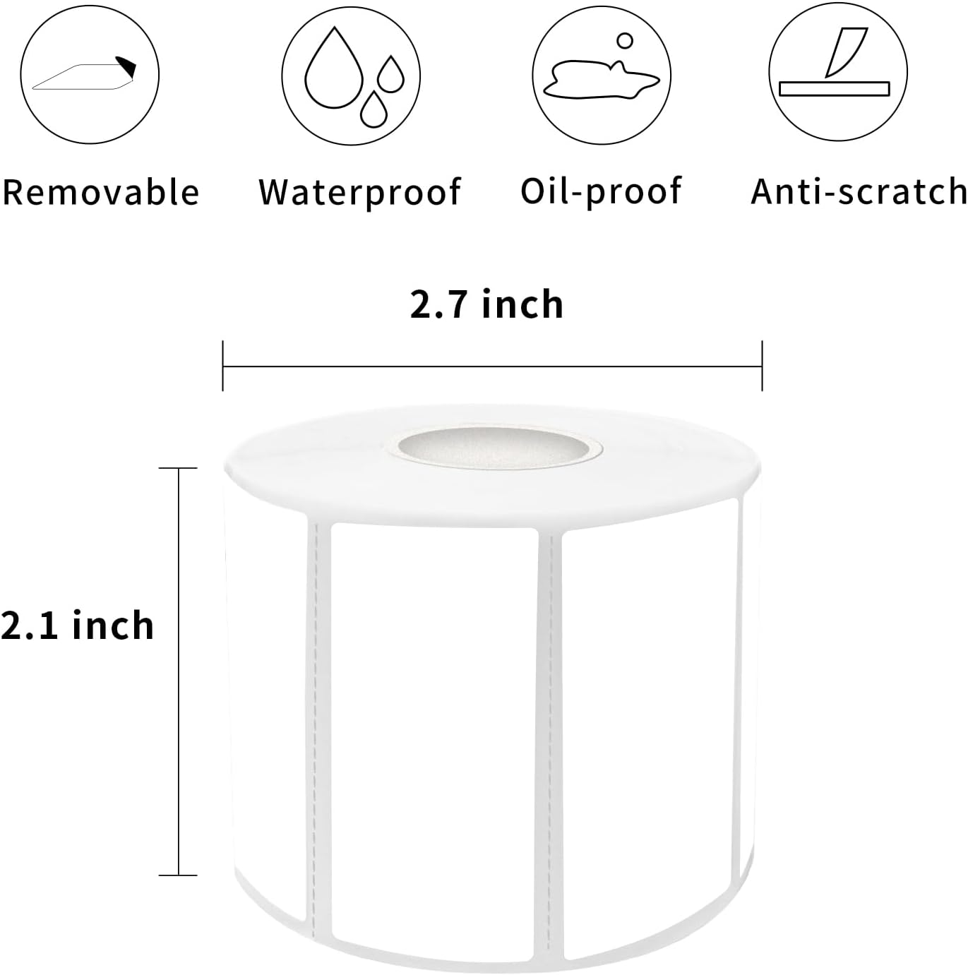 1×2 Inch White Removable Thermal Labels,Waterproof Thermal Label,800 Sheets per Roll with Perforated Lines
