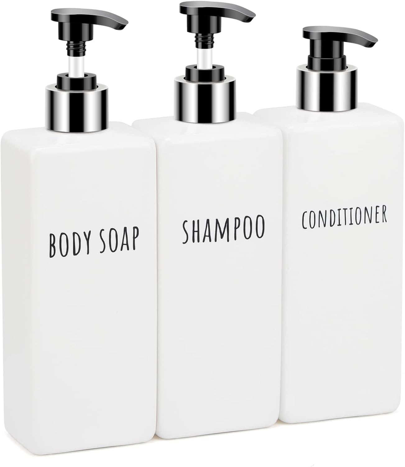 Segbeauty Square Soap Dispenser Refillable, 3pcs 16.9oz Plastic Pump Bottles, 500ml Empty Reusable Modern Bathroom Kitchen Liquid Container Set for Dispensing Shampoo Conditioner Body Soap White
