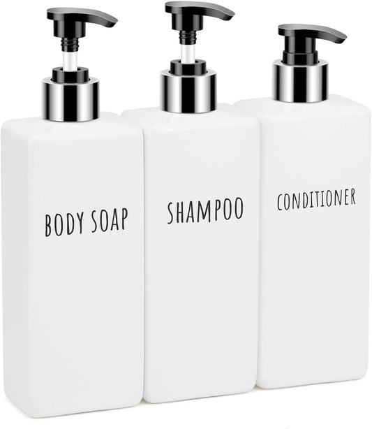 Segbeauty Square Soap Dispenser Refillable, 3pcs 16.9oz Plastic Pump Bottles, 500ml Empty Reusable Modern Bathroom Kitchen Liquid Container Set for Dispensing Shampoo Conditioner Body Soap White