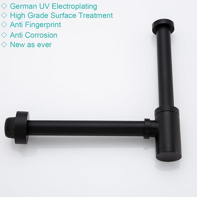 Brass Round Bottle P-Trap with Pop Up Drain Stopper,1 1/4 Adjustable Basin Sink Waste Drain Trap Kit Without Overflow, Matte Black P Trap