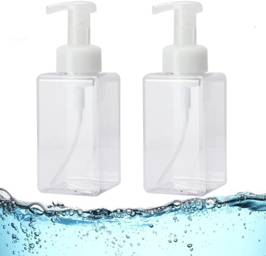 Foaming Soap Dispenser, 450ml(16oz) Refillable Modern Square Pump Bottle for Shampoo, Body Wash, Liquid Soap, PETG Plastic Empty Soap Dispenser for Kitchen, Bathroom, Hospital, Clinic. 2 Pcs (Clear)