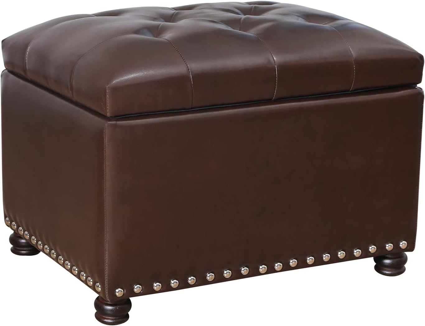24'' Leather Storage Ottoman Rectangular Foot Rest Stool with Nailhead Trim for Bedroom Living Room(Dark Brown)