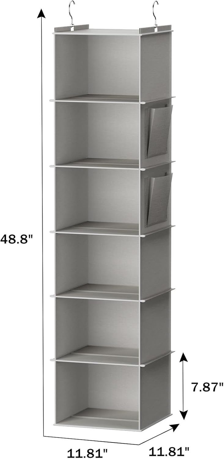 YOUDENOVA Hanging Closet Organizer and Storage, 6-Shelf Closet Hanging Shelves | Sturdy Bamboo Structure Cloth Hanging Storage, Sweater Organizer, 11.8” x 11.8” x 47.2”, Light Grey