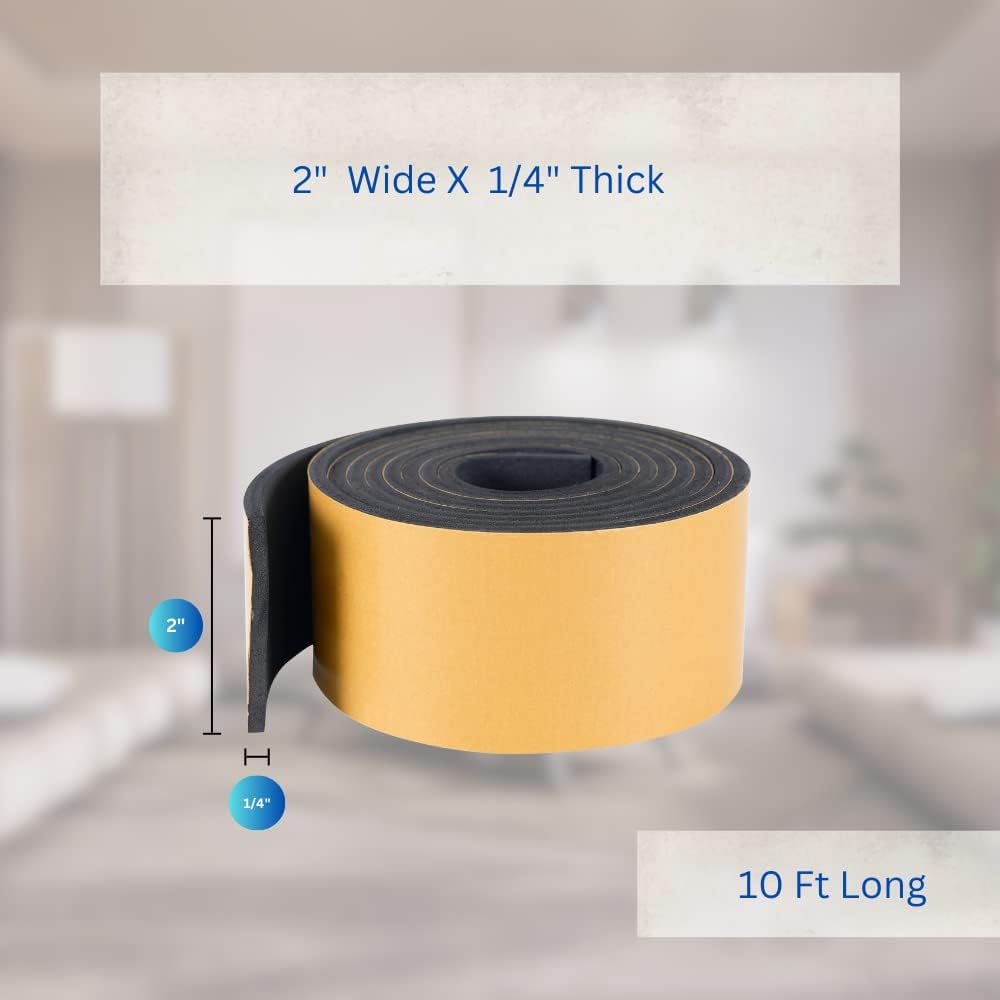 High Density Foam Weather Stripping Door Seal Strip Insulation Tape Roll for Insulating Door Frame, Window, Air Conditioner | Self Adhesive Sealing Weatherstrip (2 in x 1/4 in x 10 Ft, Black)