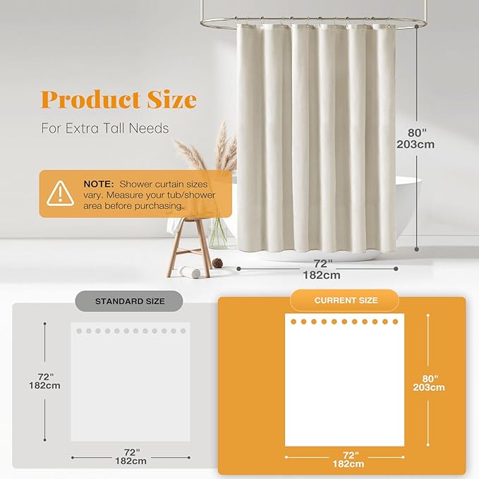 BTTN Fabric Shower Curtain, Linen Textured Heavy Duty Polyester Cloth Shower Curtain Set with Plastic Hooks, Light Cream, 72" W x 84" L (Pack of 1)