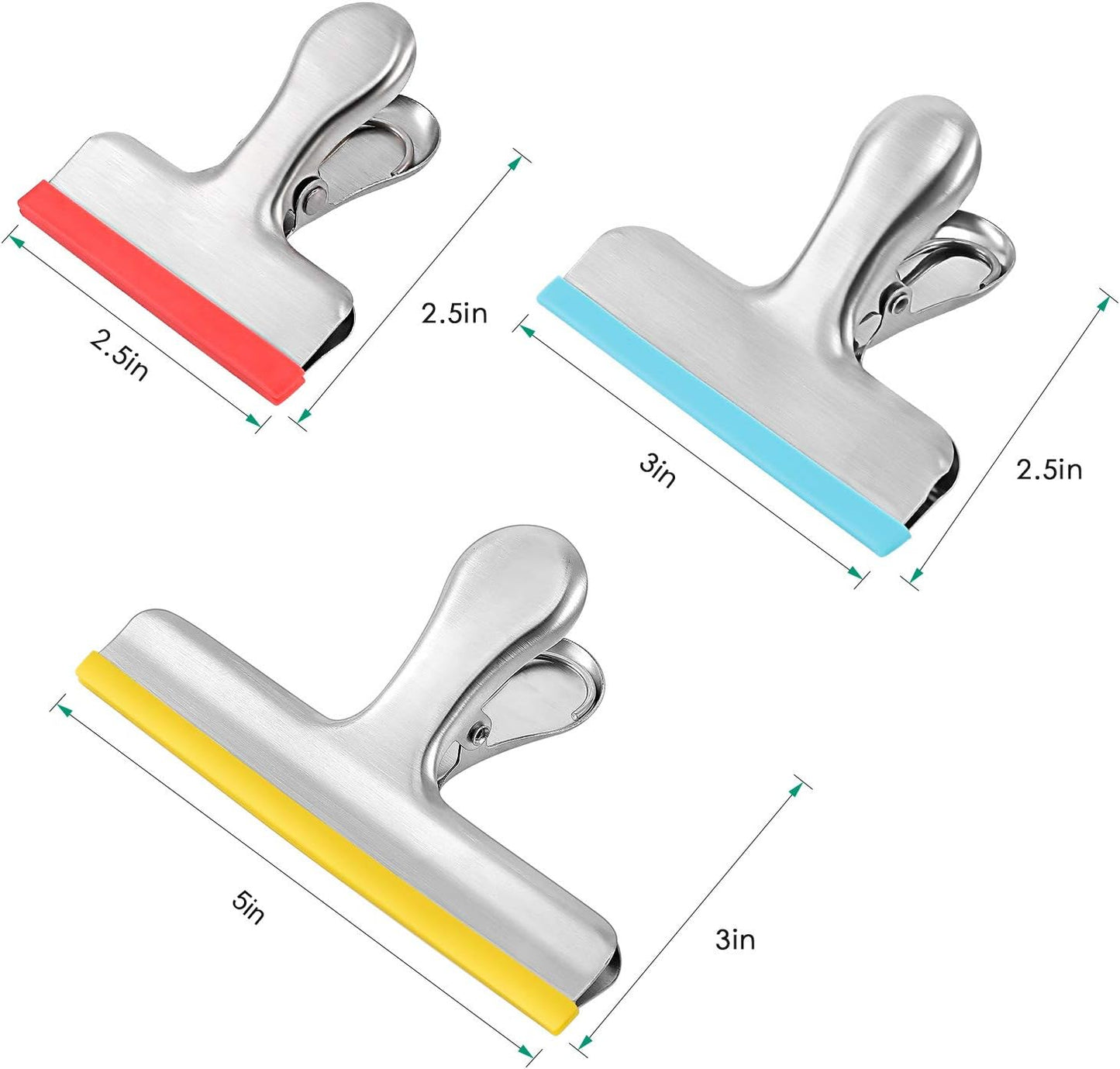HOUSE AGAIN 12 Pack 3 Sizes Stainless Steel Chip Bag Clips Covered with Silicone - NO More Sharp Edges - Air Tight Seal Bag Clips, 5 Inches, 3 Inches and 2.5 Inches