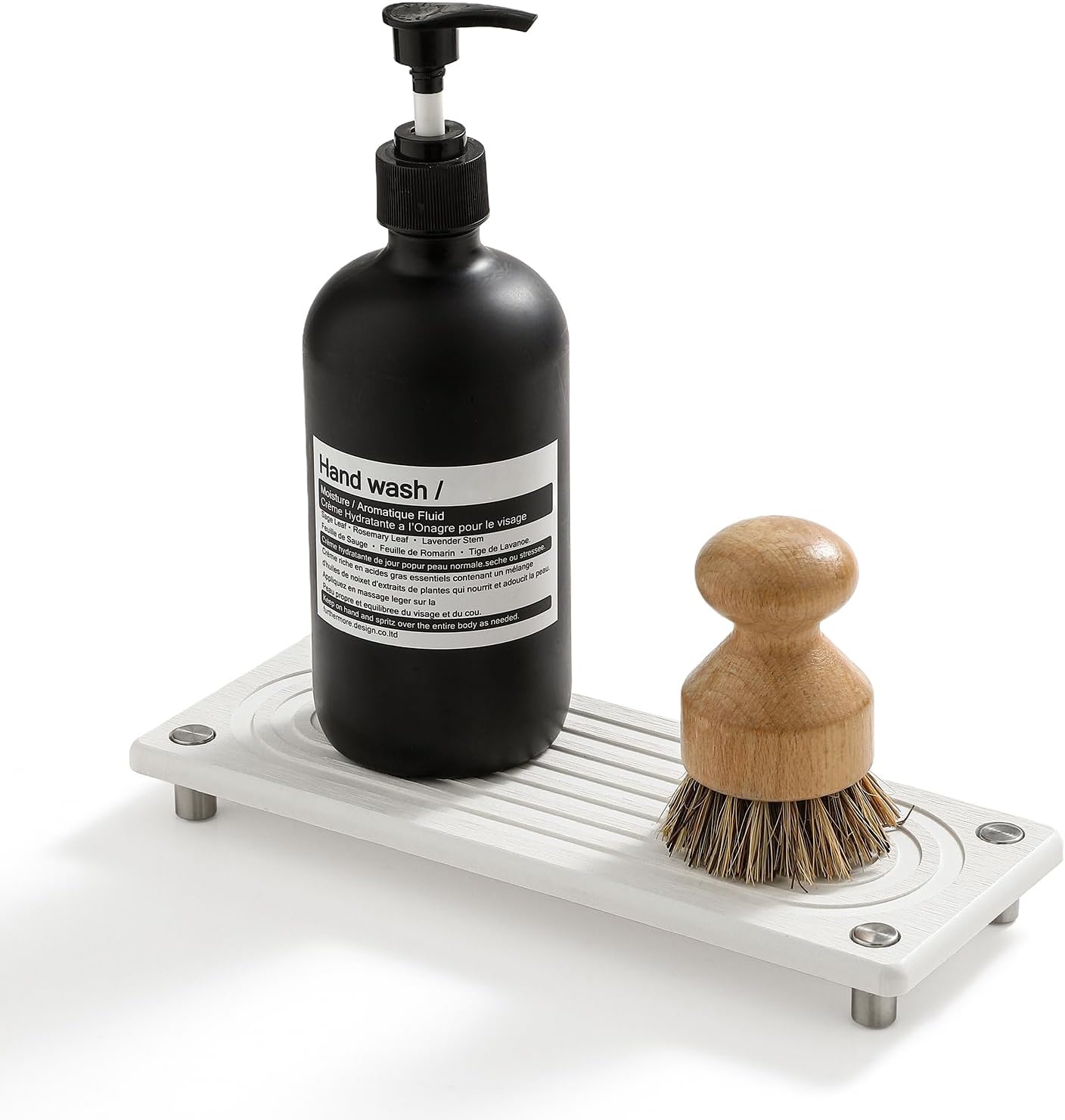 Water Absorbing Stone Sink Caddy, Diatomite Kitchen Sink Organizer, Bathroom Counter Tray, Faucet Drying Mat Coaster Soap Dish Rack Riser Dispenser Sponge Holder, Silver, White 10" x 4"