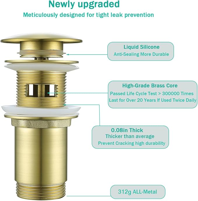 Brass Round Bottle P-Trap with Pop Up Drain Stopper with Overflow,1 1/4 Adjustable Basin Sink Waste Drain Trap Kit,Brushed Gold P Trap