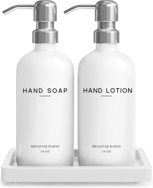 White Glass Soap and Lotion Dispenser Set by Brighter Barns - Bathroom Soap Dispenser Set Tray - Liquid Hand Soap Dispenser Pump - Modern Bathroom Accessories for Guest, Hotel, Spa, Restaurant (White)