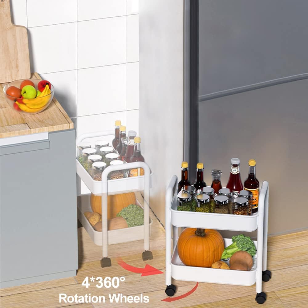 Melody House 2-Tier Utility Rolling Cart Storage Organizer Sofa Side Table with Wheels, Under Desk Mobile Trolley Organizer with Handle for Office Home Kitchen Organization, White