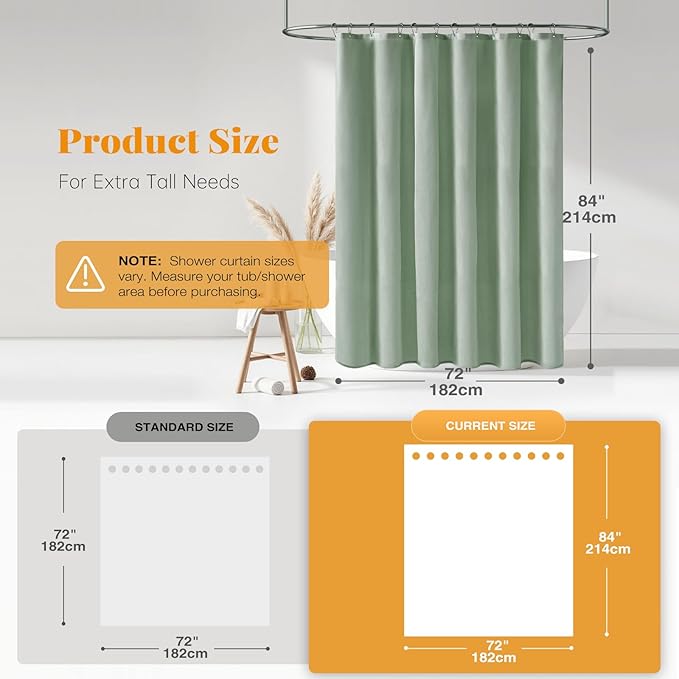 BTTN Fabric Shower Curtain, Linen Textured Heavy Duty Polyester Cloth Shower Curtain Set with Plastic Hooks, Sage Green, 72x84