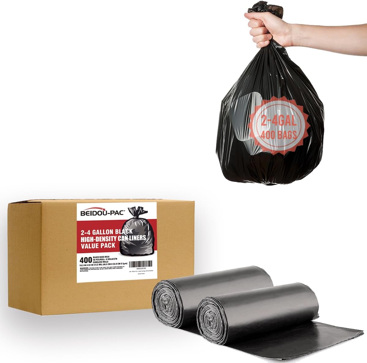 2-4 Gallon Trash Bags, 400 Count Black Garbage bags, Small Trash Can Bin Liners for Bathroom, Office, Industrial, Commercial, Janitorial, Municipal, Recycling
