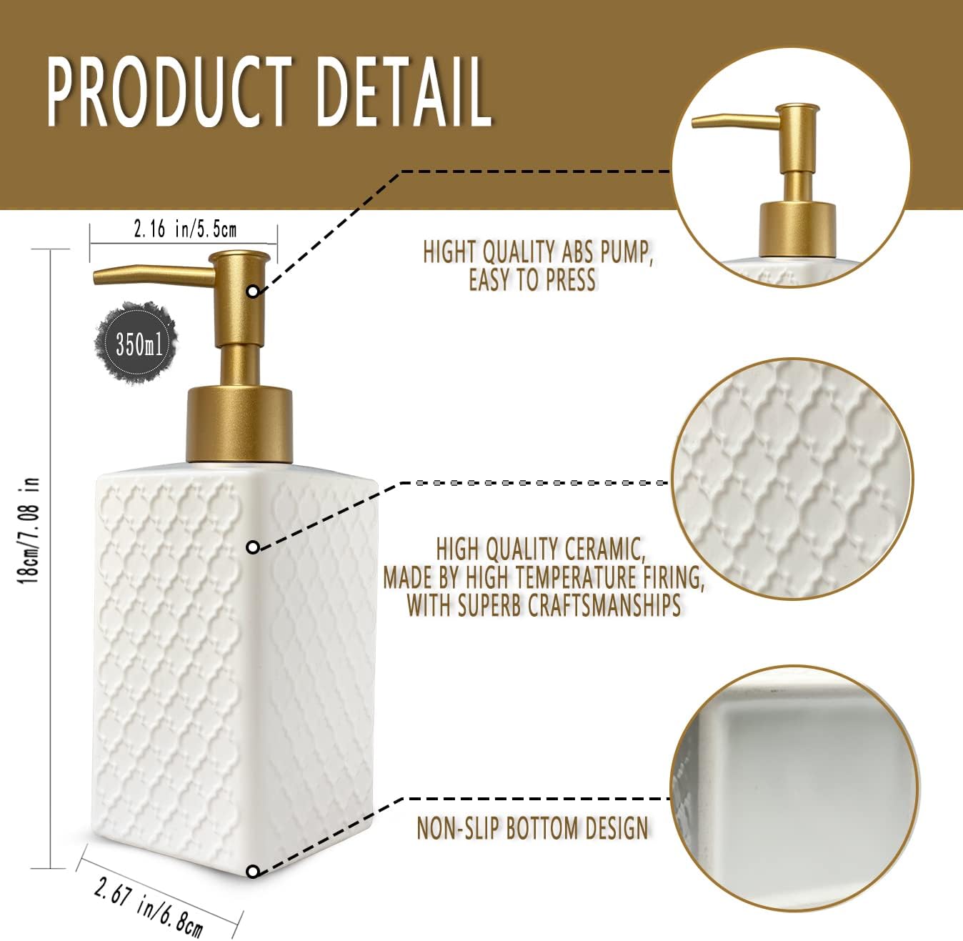 Gold Soap Dispenser for Bathroom,Retro White Square Lotion Dispenser, Refillable Countertop Ceramic Hand Soap Dispenser,Dish Soap Dispenser for Kitchen 350ml(Relief White Square Bottle)