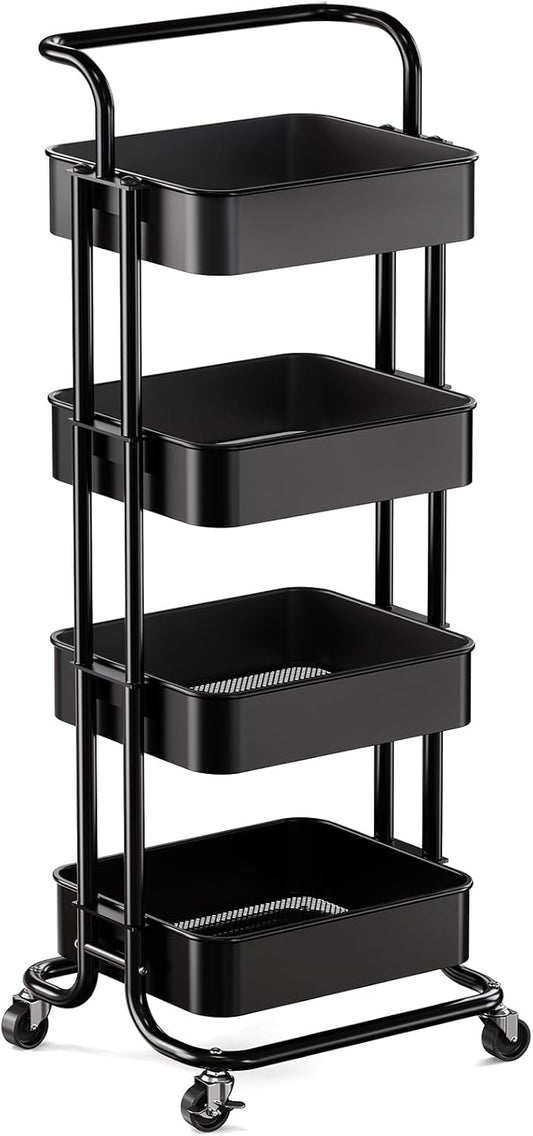 Pipishell 4 Tier Mesh Utility Cart, Rolling Metal Organization Cart with Handle and Lockable Wheels, Multifunctional Storage Shelves for Kitchen Living Room Office White, PIUC12W