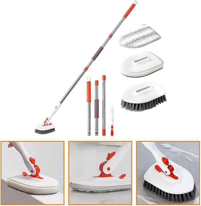 Shower Floor Scrubber Brush Set with 3-Section Handle, Stiff Bristle Tile Corner Brush, Fiber Cloth with Base Scrubbing Pad for Bathroom Tile and Grout Cleaning