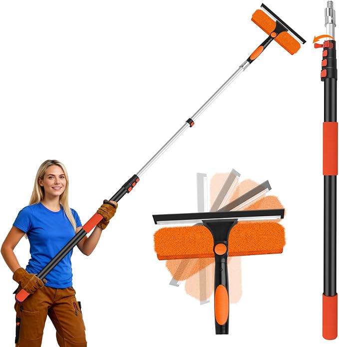 20FT Telescoping Window Squeegee Kit | 2-in-1 Professional Window Washer & Microfiber Scrubber with Extension Pole | High Reach Cleaning Tool for Outdoor, Indoor Windows & Glass