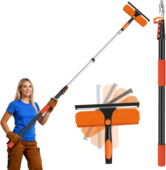 20FT Telescoping Window Squeegee Kit | 2-in-1 Professional Window Washer & Microfiber Scrubber with Extension Pole | High Reach Cleaning Tool for Outdoor, Indoor Windows & Glass