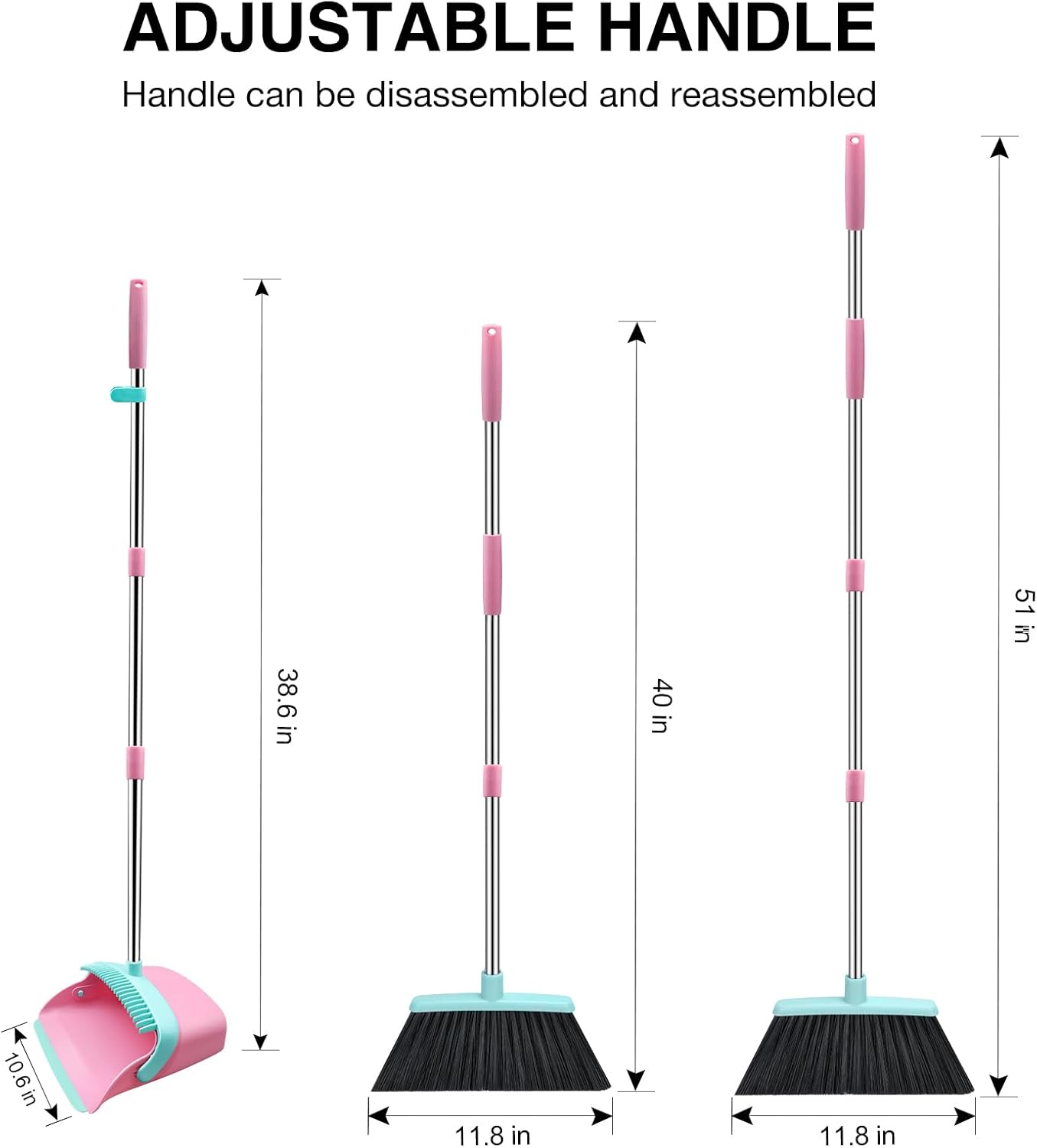 Broom and Dustpan Set, 52-in Long Adjustable Handle Broom Dustpan Combo with Dust pan Teeth to Automatically Clean Hair Suitable for Home Kitchen Office Hall Floor（Pink&Blue）