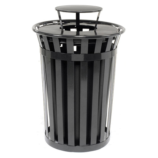 Global Industrial Heavy-Duty 36 Gallon Capacity Outdoor Metal Slatted Trash Receptacle with Rain Bonnet Lid & Plastic Liner, Black, Commercial & Industrial Trash Can