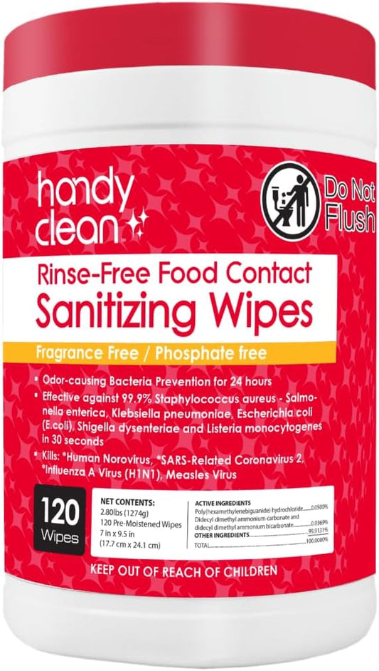HandyClean Rinse-Free Food Contact Sanitizing Wipes Canister, Multi Surface Cleaning Supplies for Kitchen and Professional Setting One Canister (120 Wipes)
