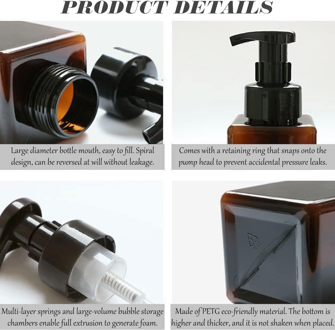 Foaming Soap Dispenser, 450ml(16oz) Refillable Modern Square Pump Bottle for Shampoo, Body Wash, Liquid Soap, PETG Plastic Empty Soap Dispenser for Kitchen, Bathroom, Hospital. 2 Pcs (Brown)