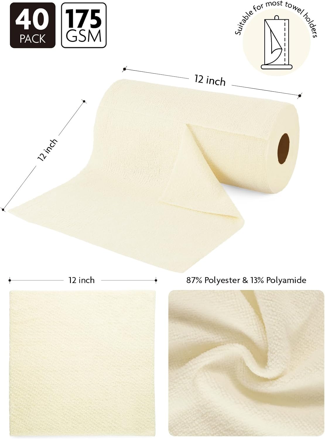 Fantasticlean Microfiber Cleaning Cloth Roll -40 Pack, Tear Away Microfiber Towels, 12" x 12", Reusable, Washable, Scratch Free, Ultra Absorbent Dishcloth for Car, Home Supplies, Pet, Kitchen (Beige)