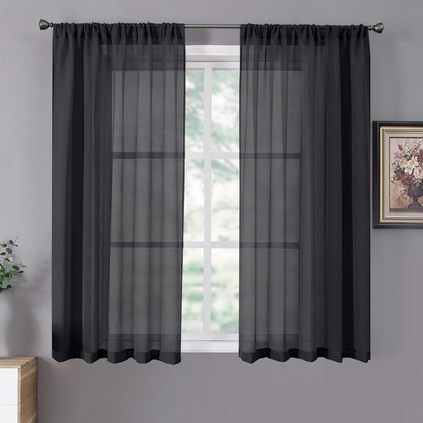 Tollpiz Short Sheer Curtain Linen Textured Living Room Curtains Sheer Light Filtering Rod Pocket Voile Curtain for Bedroom, 42 x 54 inches Long, Black, Set of 2 Panels