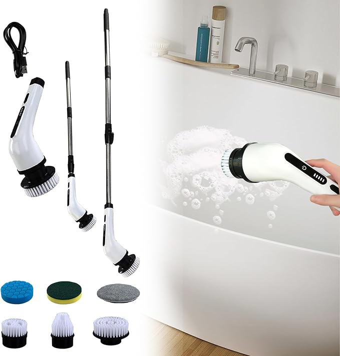 Electric Cleaning Brush, Long Handle Cordless Cleaning Scrubber, Strong Stains Remover, for Bathroom Kitchen Sink Toilet Bathtub Floor Tile Grout Glass Window