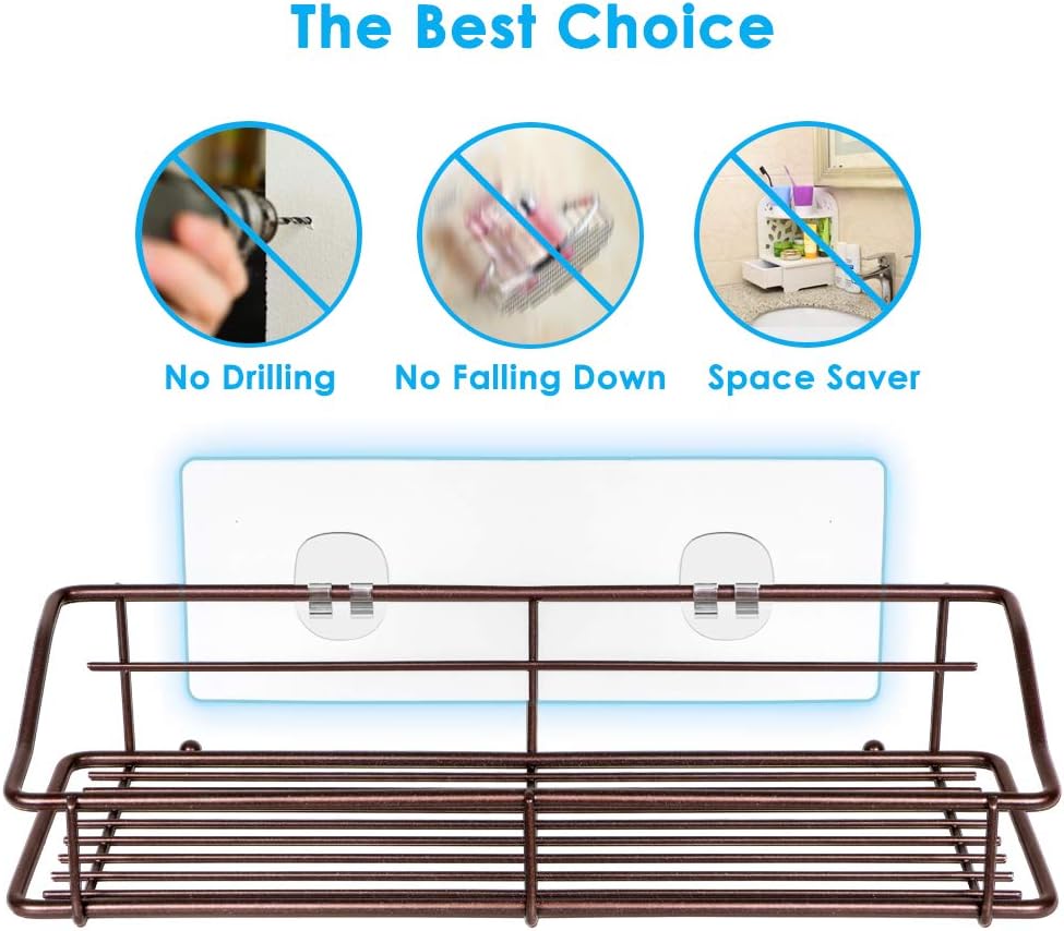 Nieifi Shower Caddy Shelf with Hooks Storage Rack Organizer Adhesive Stainless Steel without Drilling for Bathroom, Lavatory, Washroom, Restroom, Shower, Toilet, Kitchen (Brown, 3 Pack)