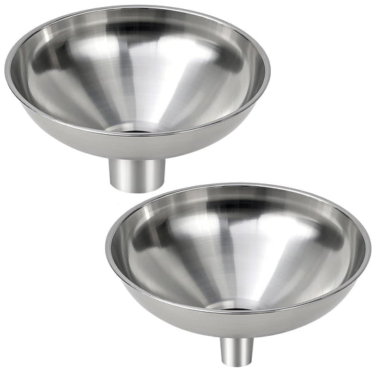 2 Pack Stainless Steel Kitchen Funnel Set for Filling Bottles - 2 Different Caliber Sizes, Seamless One-Piece Design for Transferring Oils Spices Powder Mixes (Easy to Clean)