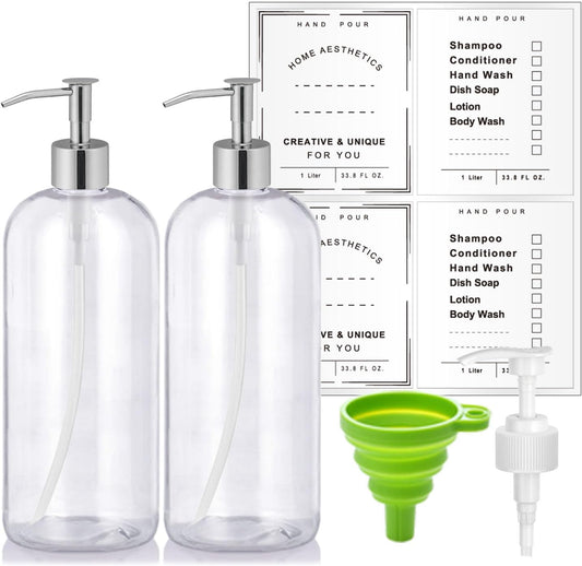 Refillable 32oz Dispenser Plastic Bottle 2pack with Steel Pumps, 1 Liter Crystal Clear Multi-Use Empty Container with Funnel for Shampoo, Conditioner, Body Wash, Liquid Hand Soap, Lotion